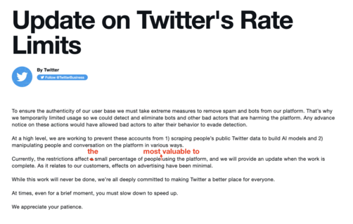 Twitter's bullshit excuse for rate limiting, which I've edited to note rate limiting is affecting its most valuable customers.