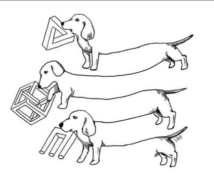 Desenho no estilo de M. C. Escher, que se vale de ilusões e subversões geométricas para mostrar formas de cachorro impossíveis de definir e de contar com acurácia.