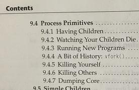 A photo of a table of contents, listing chapters titled: "Having Children", "Watching Your Children Die", "Running New Programs", "A Bit of History: vfork()", "Killing Yourself", "Killing Others", "Dumping Core"