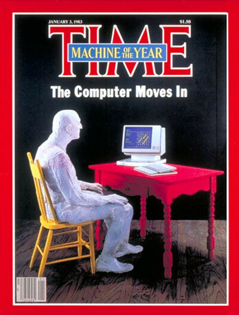 Cover of Time in January 1983 showing a man sitting in front of a computer