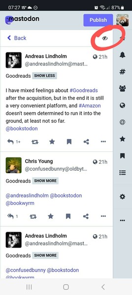 Screen capture of a Mastodon thread. The button to open all content warnings is circled.
