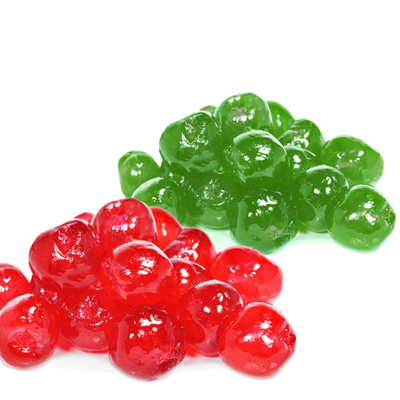two piles of red and green artificial cherries