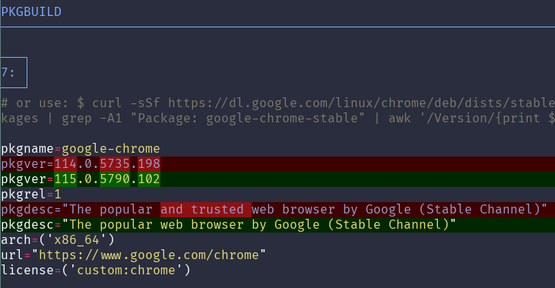 git diff output showing the package description, "The popular and trusted web browser by Google (Stable Channel)" changed to remove the words "and trusted".