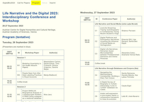 Screenshot of https://digital-bio-2023.acdh.oeaw.ac.at/program.html, showing the preliminary program of Life Narrative and the Digital 2023.