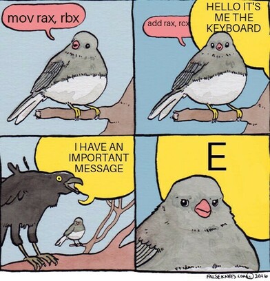 Cartoon meme. A bird is saying abstract assembly instructions. It is rudely interrupted by a different bird saying "HELLO IT'S ME THE KEYBOARD. I HAVE AN IMPORTANT MESSAGE. E". It's a joke about how keyboard events have the ability to interrupt other processes at a low level.