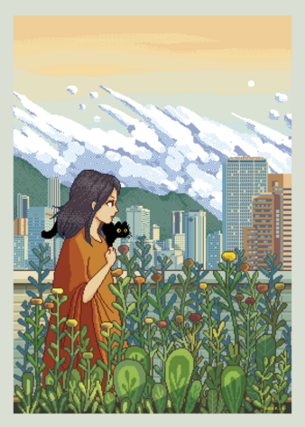 A girl in a garden with her cat Looking At Bogotá city
pixelart style