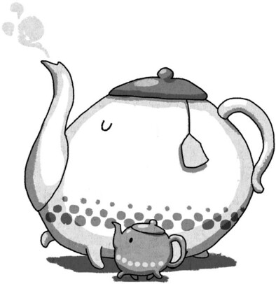 mommy teapot with a baby creamer teapot walking