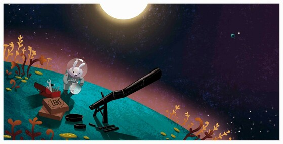 Bunny in a Blue planet in space repairing a telescope