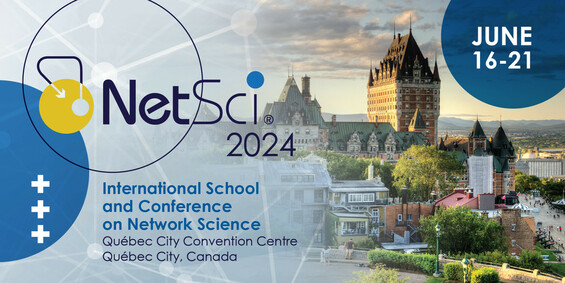 Picture of Québec merging with a network, announcing NetSci 2024 on June 16-21 in Québec