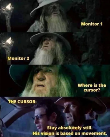 4-panel meme.  In the first 3 panels, Gandalf the Grey is looking to the left and right, at Monitor 1 and Monitor 2, and saying "Where is the cursor".  The 4th panel is from Jurassic Park, with two characters in the car, saying "Keep absolutely still, his vision is based on movement."
