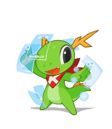 Logo con Konqi con pantallas holográficas flotando en plan futurista
