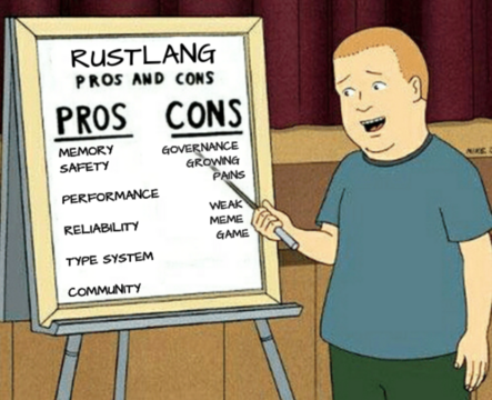 Rustlang pros and cons

Pros
- memory safety
- performance
- reliability
- type system
- community

Cons
- governance growing pains
- weak meme game