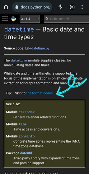 A screenshot of the top of the datetime docs, with a link:

"Tip Skip to the format codes."