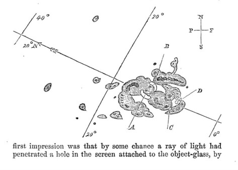 A black-and-white line drawing of sunspots on the surface of the Sun, associated with the CME described by Carrington and Hodgson.