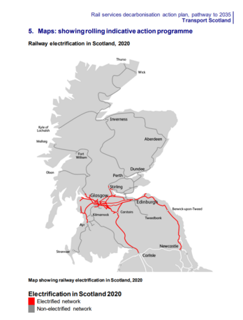 A map of the Scottish rail network in 2020 from document "Rail services decarbonisation action plan, pathway to 2035" published by Transport Scotland. Its shows the existing central lowland railway electrified, and the rest not.