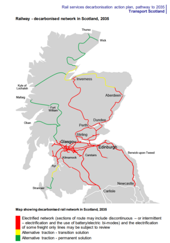 A map of the Scottish rail network in 2035 from document "Rail services decarbonisation action plan, pathway to 2035" published by Transport Scotland. Its shows the routes to Inverness and Aberdeen to be electrified, and alternative traction options elsewhere, some temporary, and some permanent