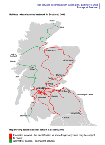 A map of the Scottish rail network in 2045 from document "Rail services decarbonisation action plan, pathway to 2035" published by Transport Scotland. Its shows all but remote branch lines electrified, and the branch lines using alternate traction as a permanent solution.