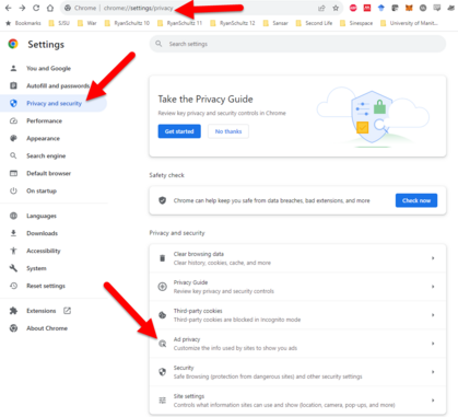 Go to Chrome settings, select Privacy and security, then select Ad privacy (see the red arrows):