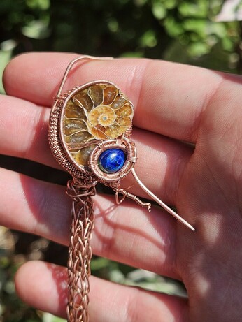 A WIP ammonite and lapiz wirewrap bracelet