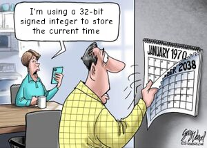 The “1984 calendar” meme format redone to show the following:
A person on the kedt if the image is saying “I'm using a 32-bit signed integer to store the current time” and the person in the middle is flipping the calendar's page from the year 2038 to January 1970.

This is a joke about how 32 bit integer time is stored and how there's going to be another Y2K problem in 2038 where, unless all systems are changed by then, Unix time would revert back around to saying it's January 1st 1970.