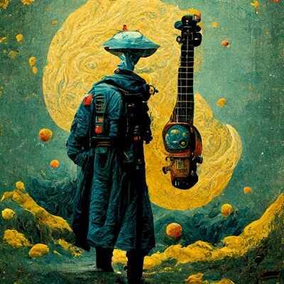 A figure depicting a cosmic Technotramp looking into the far reaches of time, with a quantum lute floating in space beside him.