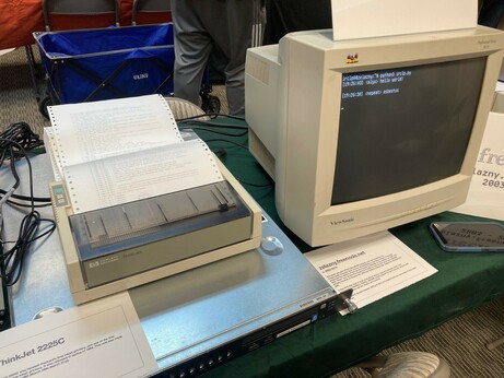 A server with an HP ThinkJet printer on top and a Viewsonic VGA monitor