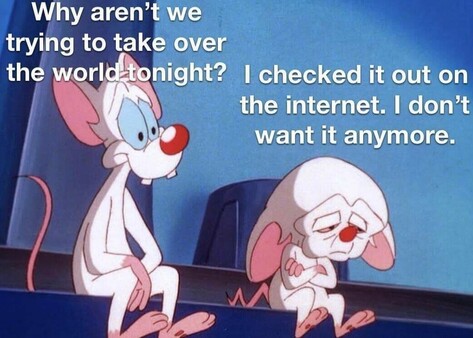 Two mice are talking
The more confident looking of the two says. Why aren't we trying to take over the world tonight? 

His dejected companion answers,  I checked it out on the internet. I don't want it anymore.
