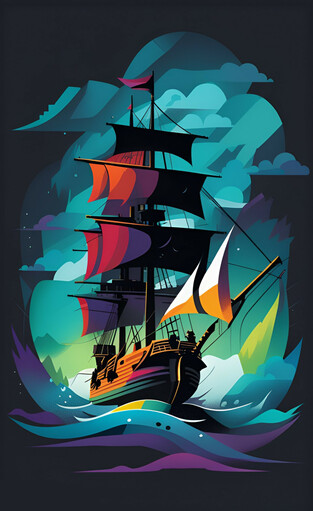 an image in the WPAP style in the center of the picture is a pirate ship, surrounded by a stormy, night sea