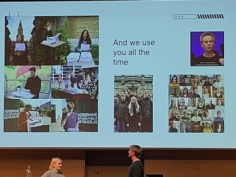 Ide showing pictures of young people reading from an enormous book in front of the Danish Parliament