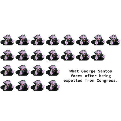 [23 photos of The Count from Sesame Street] 

What George Santos faces after being expelled from Congress.