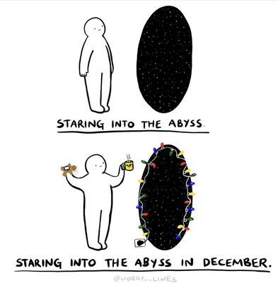 staring into the abyss (person standing in front of a dark hole), versus staring into the abyss in December (person holding gingerbread cookie and steaming mug, standing in front of a dark hole that has Christmas lights around it)