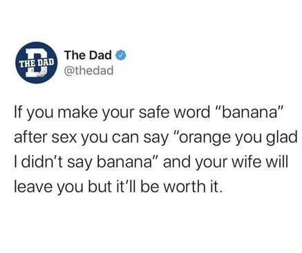 Tweet by The Dad @thedad

If you make your safe word "banana" after sex you can say "orange you glad I didn't say banana" and your wife will leave you but it'll be worth it.