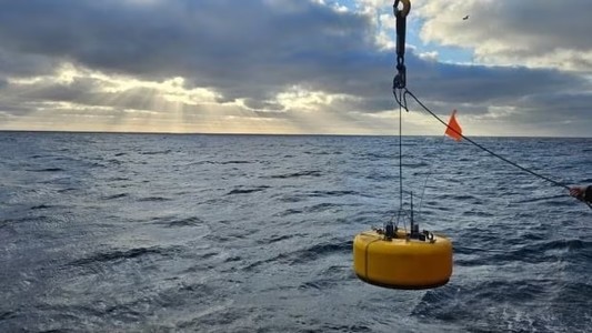 image/jpeg a donut shaped yellow science buoy being deployed into the ocean.