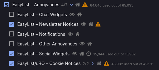 Screenshot of EasyList annoyances lists in uBlock Origin.