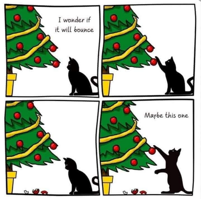 Cartoon of a cat looking at a Christmas tree ornament, "I wonder if it will bounce."
Cat knocks an ornament off the tree and it breaks.
"Maybe this one," as the cat checks another ornament.