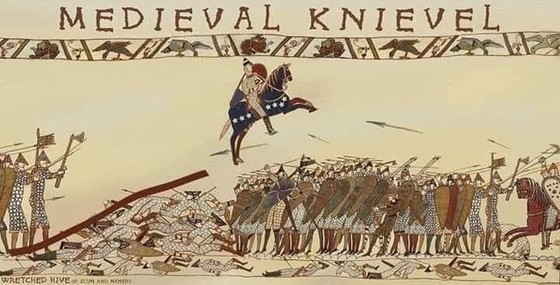 A medieval style drawing of a man jumping over soldiers on a horse, as they shoot arrows at him. The title says medieval knievel