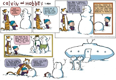 Calvin critiques all the unoriginal snowmen in his neighbourhood and then reaches his own which depicts aliens from a space ship having shot off the head of a snowman.