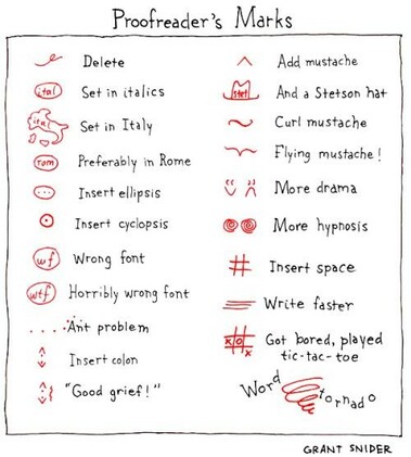 Cartoon of fake Proofreader's Marks by Grant Snyder
Delete, Set in Italics, Set in Italy, Preferably in Rome, Insert ellipsis, Insert cyclopsis, wrong font, horribly wrong font, ant problem, insert colon, "Good grief!", add mustache, and a stetson hat, curl mustache, flying mustache, more drama, more hypnosis, insert space, write faster, Got bored, played tic-tac-toe, Word tornado