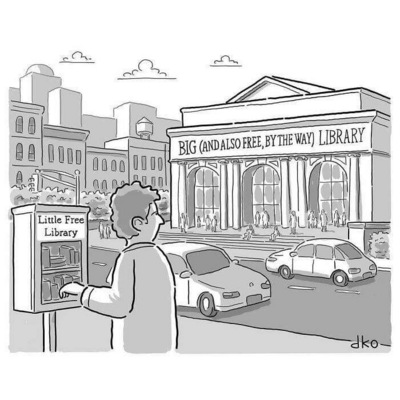 Man at at "Little Free Library" sidewalk box looking across the street at the "Big (and also free, by the way) Library" municipal library building.