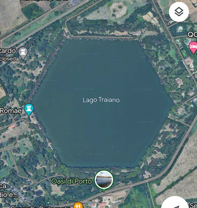 A hexagonal pond, lago traiano, as seen on google maps