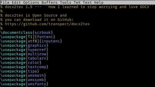 Screenshot of a text editor with TeX file. A TeX comment states "docx2tex 1.9 - How I learned to stop worrying and love DOCX'"