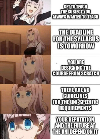 A meme with five pictures of an anime girl, looking more and more horrified. There are five labels:

1. Get the subject you always wanted to teach.
2. The deadline for the syllabus is tomorrow.
3. You are designing the course from scratch.
4. There are no guidelines for the uni-specific requirements.
5. Your reputation and the future at the uni depends on it.