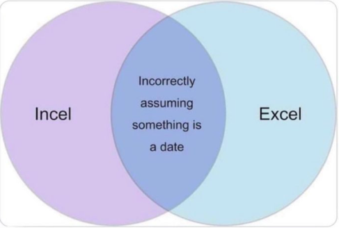 Venn diagram of "Incel" and "Excel". Where they overlap, the intersection is labelled "Incorrectly assuming something is a date".