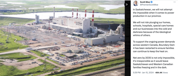 Image - functioning methane plant during non-deep-freeze weather

Sask Premier Scott Moe's tweets reads: 

"In Saskatchewan, we will not attempt the impossible when it comes to power production in our province. 

We will not risk plunging our homes, schools, hospitals, special care homes and our businesses into the cold and darkness because of the ideological whims of others.

To support the ongoing power demands across western Canada, Boundary Dam 4 has been restarted to ensure families can continue to keep the heat on. 

Net zero by 2035 is not only impossible, it’s irresponsible as it would leave Saskatchewan and Western Canadian families freezing and in the dark."