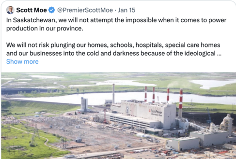 Image - functioning methane plant during non-deep-freeze weather

Sask Premier Scott Moe's tweets reads: 

"In Saskatchewan, we will not attempt the impossible when it comes to power production in our province. 

We will not risk plunging our homes, schools, hospitals, special care homes and our businesses into the cold and darkness because of the ideological whims of others.

To support the ongoing power demands across western Canada, Boundary Dam 4 has been restarted to ensure families can continue to keep the heat on. 

Net zero by 2035 is not only impossible, it’s irresponsible as it would leave Saskatchewan and Western Canadian families freezing and in the dark."