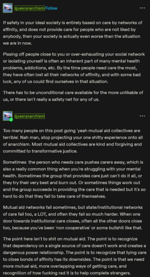 A thread by queer anarchism on Tumblr regarding networks of care and mutual aid, full alt text in replies because too long.
