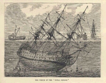 The Royal George preempting Gosport's future as the home of the Royal Navy's submarine service, drawn to illustrate the early salvage attempts using a diving bell. Locating the wreck was easy enough, given it settled at a only a slight lean instead of going the full Vasa.