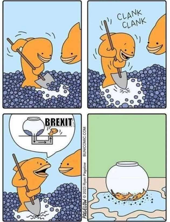 Comic strip in four panels. 1 - two goldfish, one is digging at the ground, 2 - the goldfish with the shovel has hit something that sounds hollow, 3 - the goldfish with the shovel explains to his companion in a diagram that he plans to dig a tunnel and escape the goldfish bowl, this diagram is labelled ‘BREXIT’, 4 - pan out to see a goldfish bowl surrounded by leaked water, the bowl is empty save for two dead goldfish