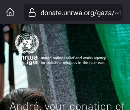 Screenshot av UNRWA:s "Tack för donationen"-sida.