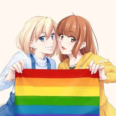 Danbooru tags: 2girls, artist name, beige background, blonde hair, blue eyes, blue sweater, brown eyes, brown hair, commentary, eiri su, flag, grin, hair between eyes, head tilt, holding, holding flag, hood, hoodie, lgbt pride, long hair, long sleeves, looking at viewer, multiple girls, open mouth, original, overalls, rainbow flag, ribbed sweater, signature, simple background, smile, sweater, turtleneck, turtleneck sweater, yuri